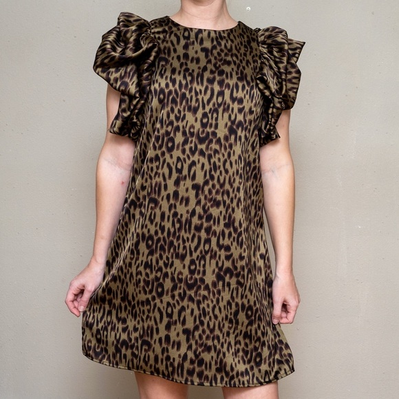 THML sz S green Leopard print puff sleeve dress - Picture 5 of 11